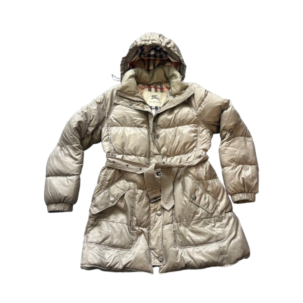 Burberry Brit Belted Down Puffer Coat Beige Nova Check Hooded Jacket Size M